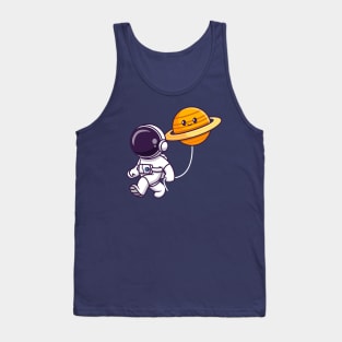 Cute Astronaut Walking With Cute Saturn Planet Cartoon Tank Top